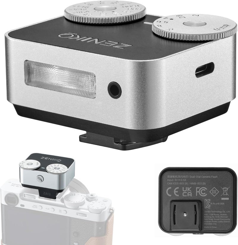 ZENIKO ZA-12S Dual Dial Retro Mini Flash - 2.5s Recycle, 7-Level Power, 400 Shots Single-Contact hotshoe Camera Flash for Fujifilm XM5/XT3, Sony A7M3, Ricoh GR3/4 Camera(Silver) - Image 1